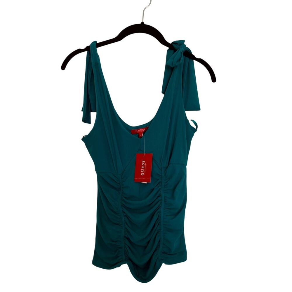 Guess Claire Womens Tank Top Green Mesh Ruched Sleeveless V-Neck Y2K XS NWT